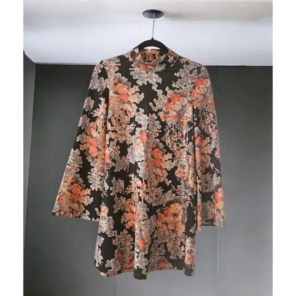 ZARA Women's SMALL Shift Dress Asian Flair Long Kimono Sleeves Stretch